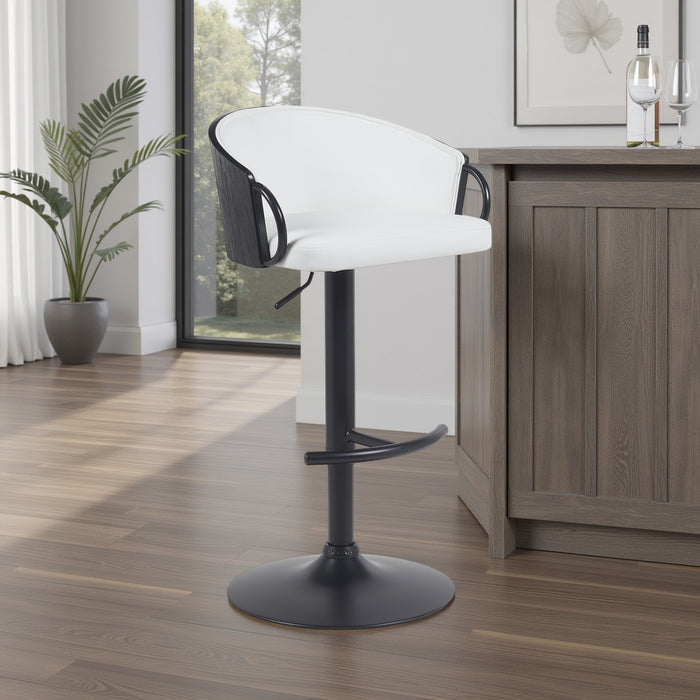 Montego Modern Adjustable Swivel Barstool in Black Powder Coated Finish with Snow White Faux Leather Upholstered Seat