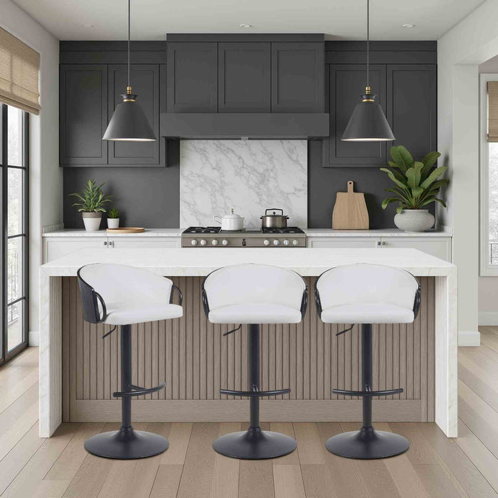 Montego Modern Adjustable Swivel Barstool in Black Powder Coated Finish with Snow White Faux Leather Upholstered Seat