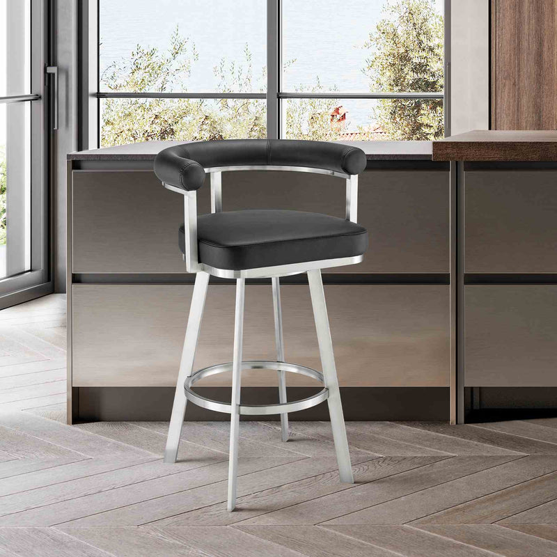 Magnolia 30" Swivel Bar Stool in Brushed Stainless Steel with Black Faux Leather - Furniture City (CA)l