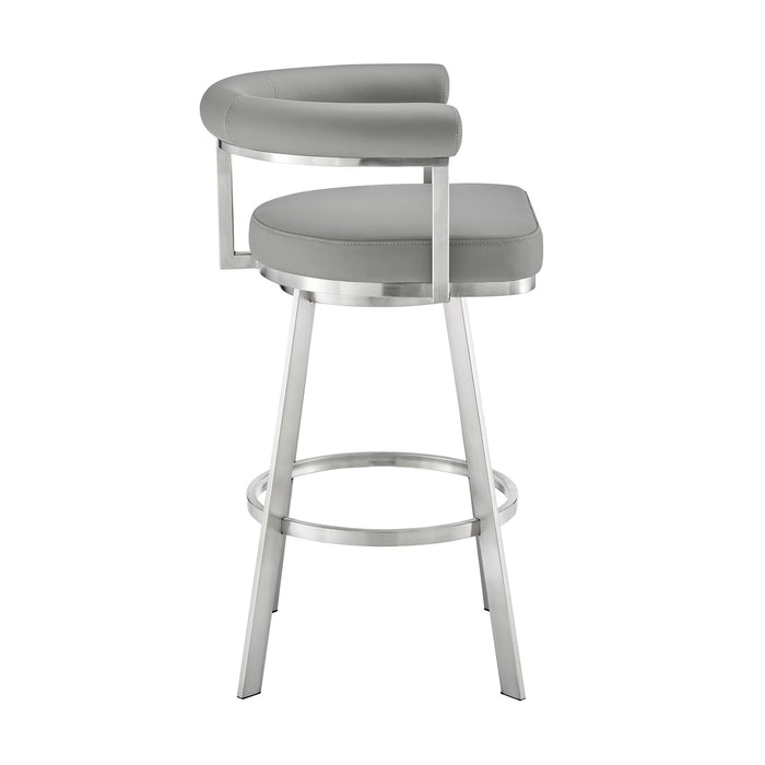 Magnolia 26" Swivel Counter Stool in Brushed Stainless Steel with Light Gray Faux Leather