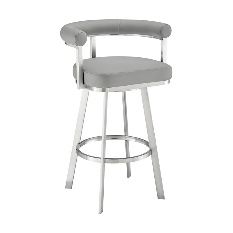 Magnolia 30" Swivel Bar Stool in Brushed Stainless Steel with Light Gray Faux Leather - Furniture City (CA)l