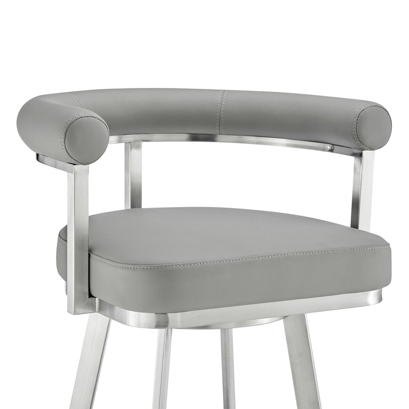 Magnolia 30" Swivel Bar Stool in Brushed Stainless Steel with Light Gray Faux Leather - Furniture City (CA)l
