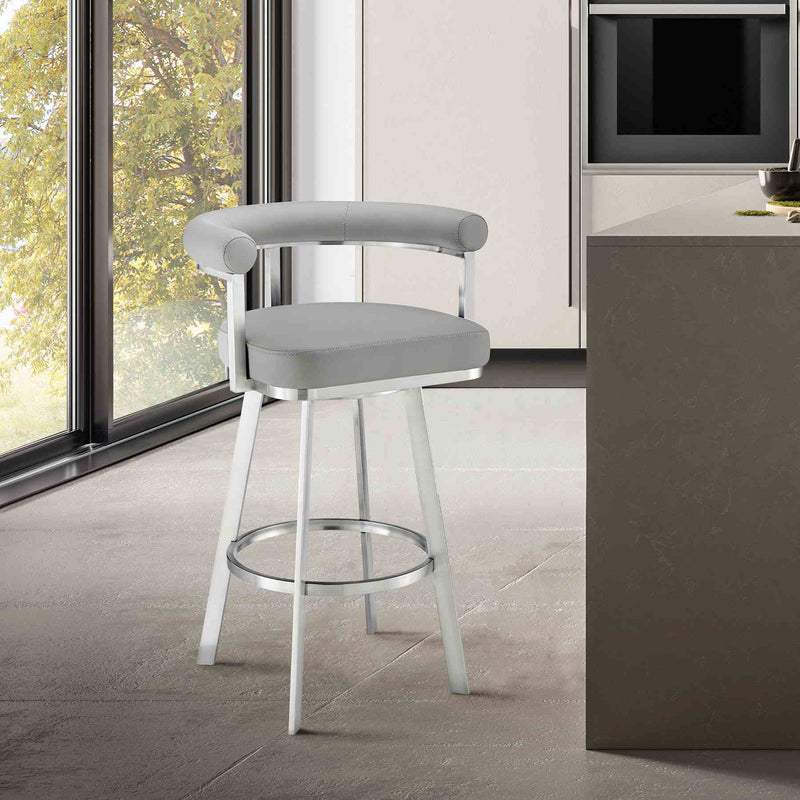 Magnolia 30" Swivel Bar Stool in Brushed Stainless Steel with Light Gray Faux Leather - Furniture City (CA)l