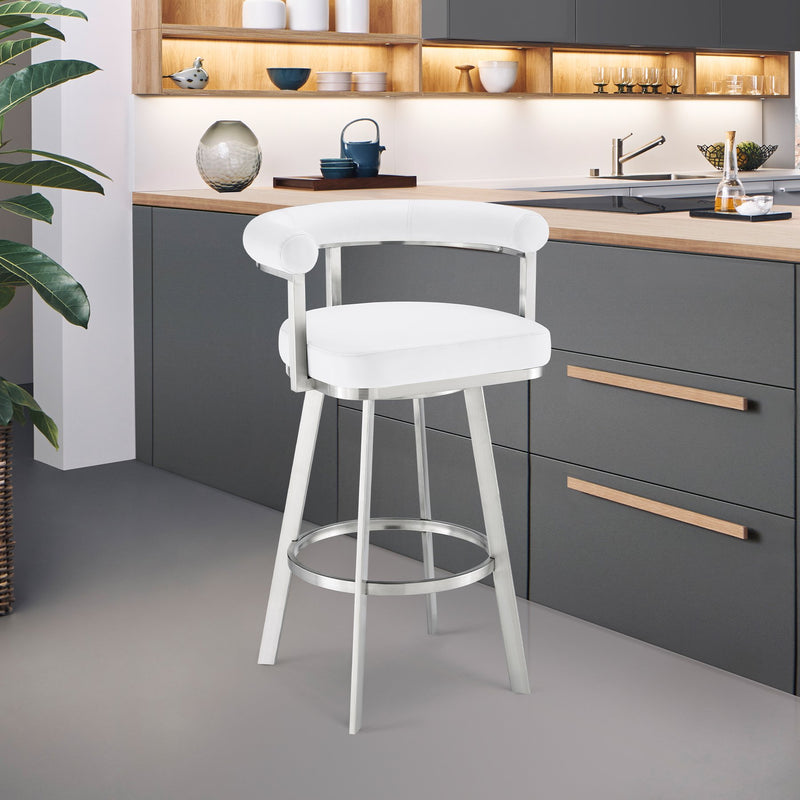 Magnolia 26" Swivel Counter Stool in Brushed Stainless Steel with White Faux Leather - Furniture City (CA)l