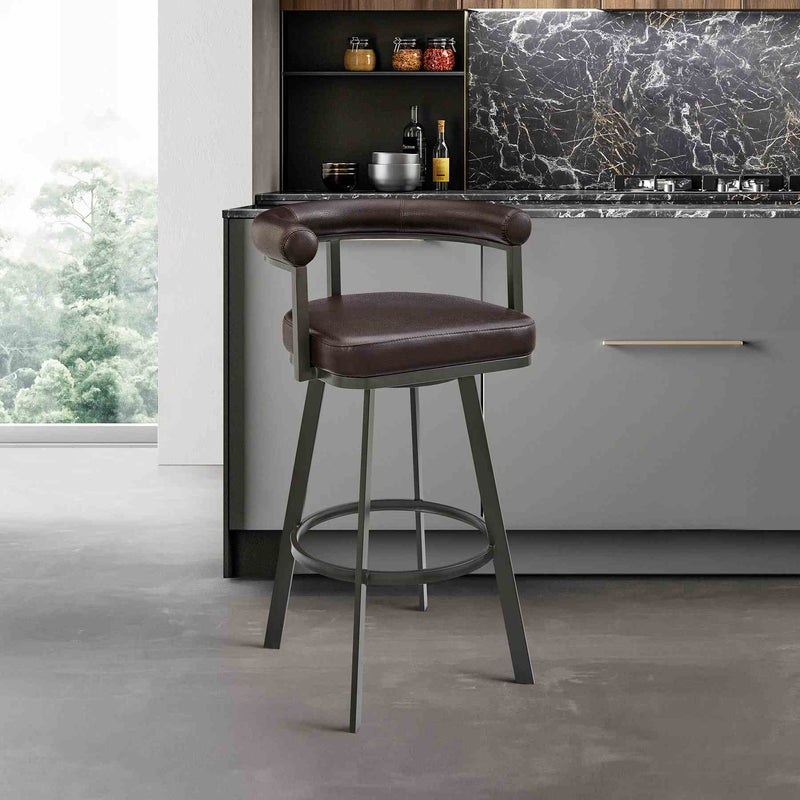 Magnolia Swivel Bar Stool in Brown Metal with Brown Faux Leather - Furniture City (CA)l