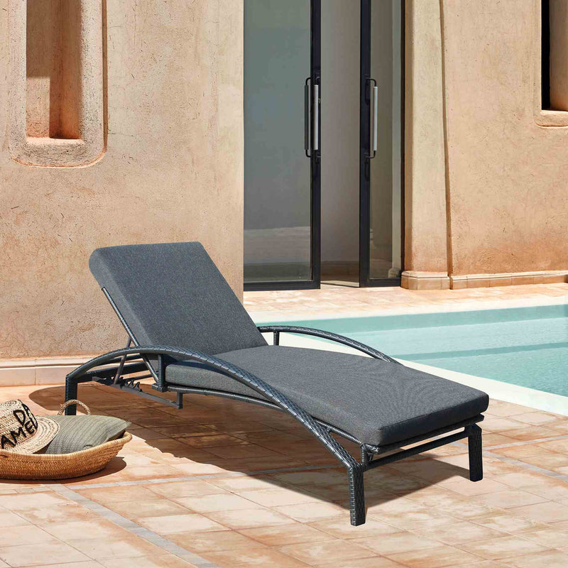 Mahana Adjustable Patio Outdoor Chaise Lounge Chair in Black Wicker with Charcoal Cushions - Furniture City (CA)l