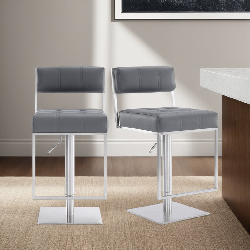 Michele Swivel Adjustable Height Gray Faux Leather and Brushed Stainless Steel Bar Stool - Furniture City (CA)l