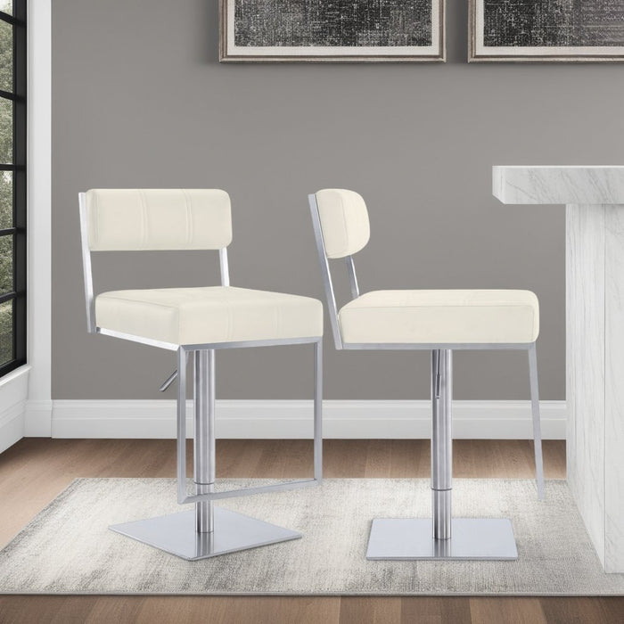 Michele Swivel Adjustable Height Off-White Faux Leather and Brushed Stainless Steel Bar Stool