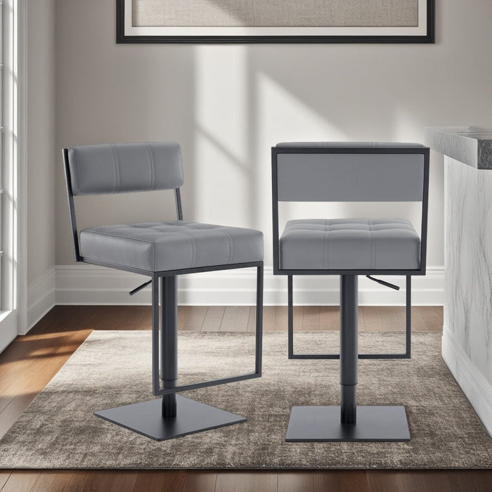 Michele Swivel Adjustable Height Gray Faux Leather and Black Metal Bar Stool