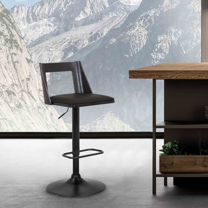 Milan Adjustable Swivel Black Faux Leather and Black Wood Bar Stool with Black Base - Furniture City (CA)l