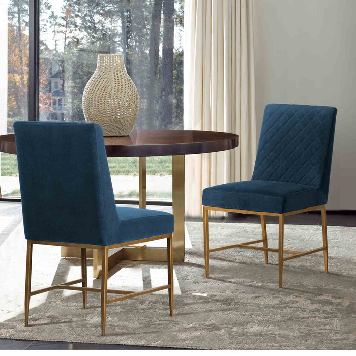 Memphis Blue Velvet and Antique Brass Accent Dining Chair- Set of 2