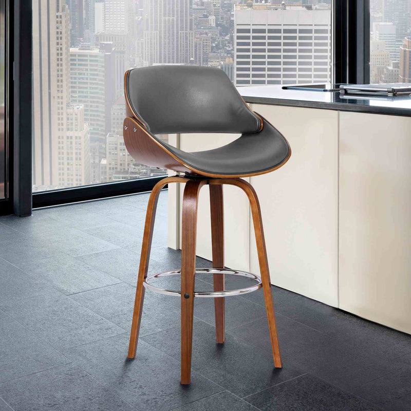 Mona 30" Bar Height Swivel Gray Faux Leather and Walnut Wood Bar Stool - Furniture City (CA)l