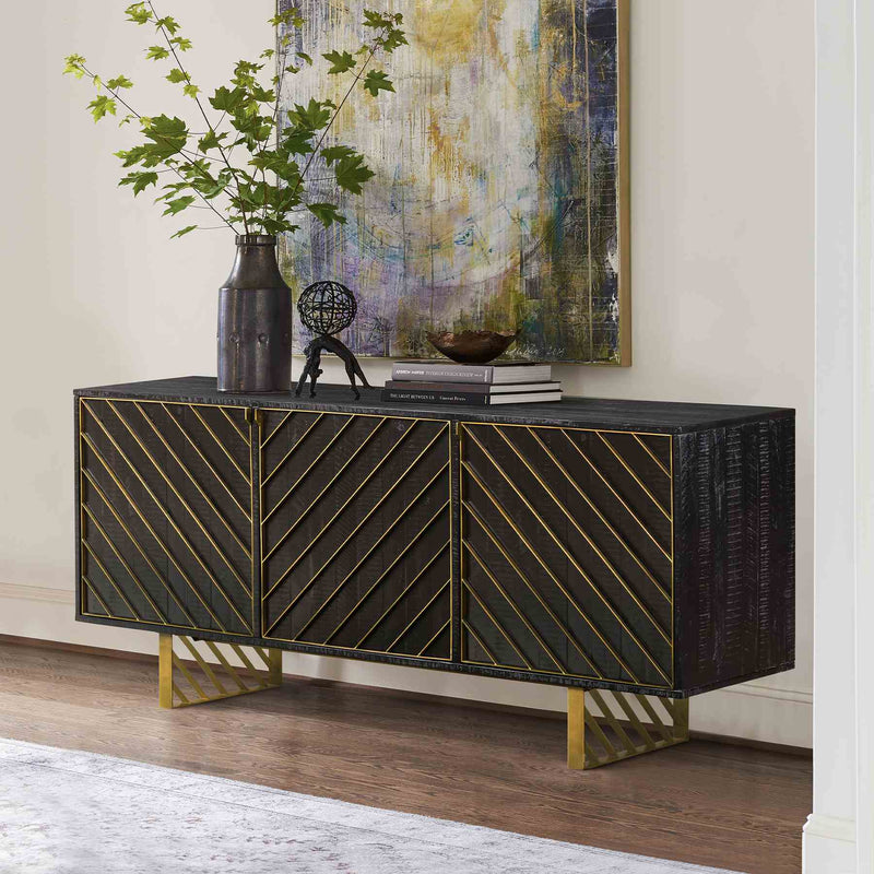 Monaco Rectangular Black Wood Sideboard with Antique Brass Accent - Furniture City (CA)l