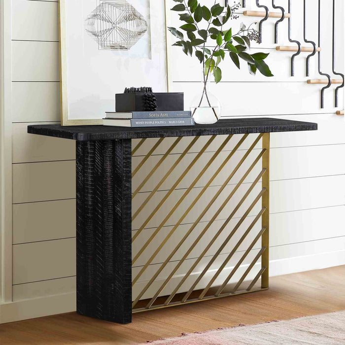 Monaco Black Wood Console Table with Antique Brass Accent