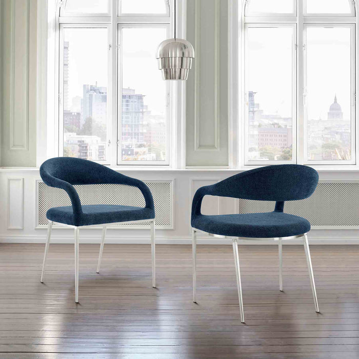 Morgan Upholstered Dining Chair with Brushed Stainless Steel and Blue Fabric - Set of 2