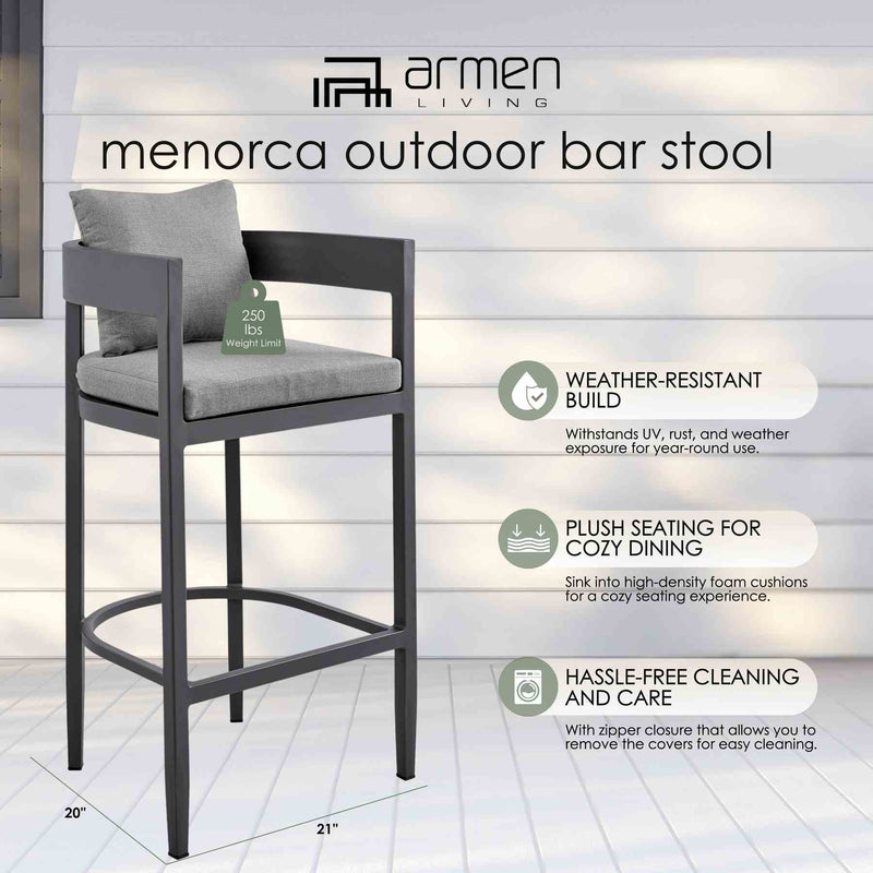Menorca Outdoor Patio Counter Height Bar Stool in Aluminum with Gray Cushions - Furniture City (CA)l