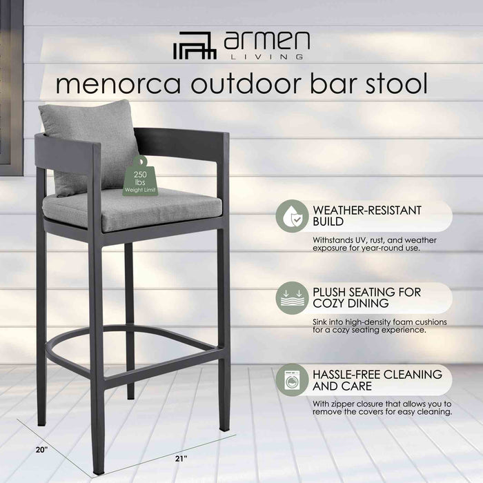 Menorca Outdoor Patio Counter Height Bar Stool in Aluminum with Gray Cushions