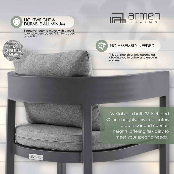 Menorca Outdoor Patio Counter Height Bar Stool in Aluminum with Gray Cushions