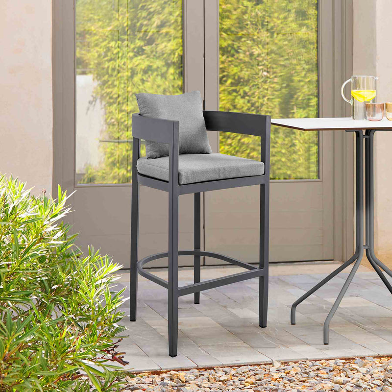 Menorca Outdoor Patio Counter Height Bar Stool in Aluminum with Gray Cushions - Furniture City (CA)l