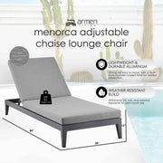 Menorca Outdoor Patio Adjustable Chaise Lounge Chair in Aluminum with Gray Cushions - Furniture City (CA)l
