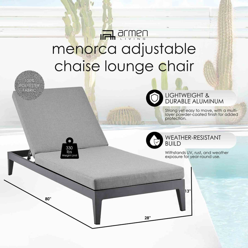 Menorca Outdoor Patio Adjustable Chaise Lounge Chair in Aluminum with Gray Cushions - Furniture City (CA)l