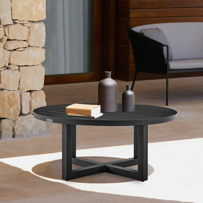 Menorca Outdoor Patio Round Coffee Table in Black Aluminum