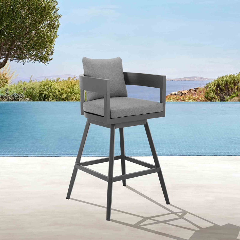 Menorca Outdoor Patio Swivel Counter Stool in Aluminum with Gray Cushions - Furniture City (CA)l