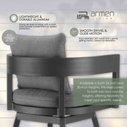 Menorca Outdoor Patio Swivel Counter Stool in Aluminum with Gray Cushions - Furniture City (CA)l