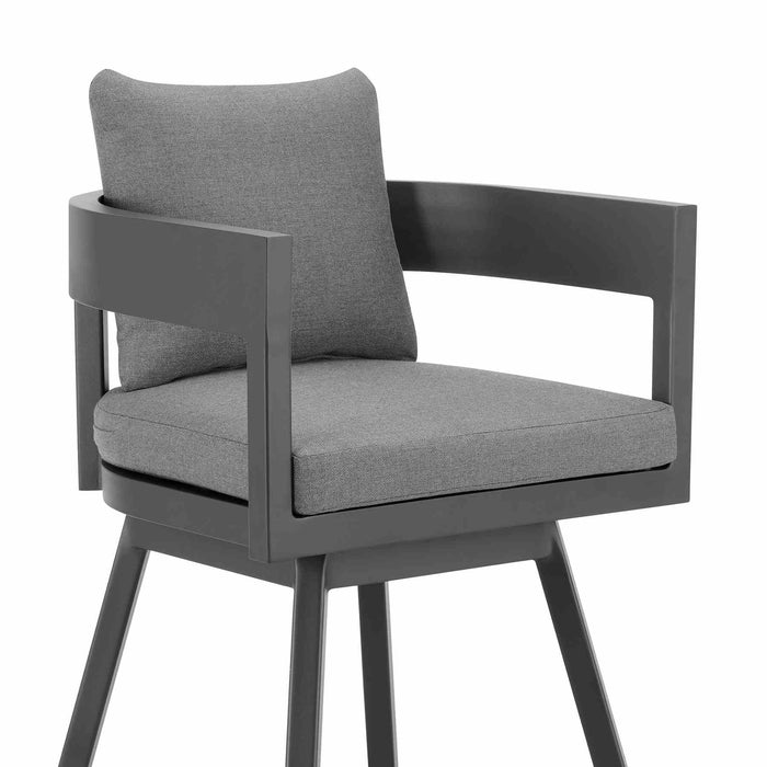 Menorca Outdoor Patio Swivel Counter Stool in Aluminum with Gray Cushions