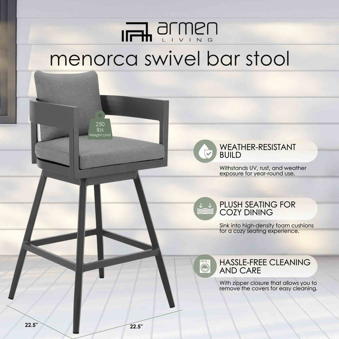Menorca Outdoor Patio Swivel Bar Stool in Aluminum with Gray Cushions