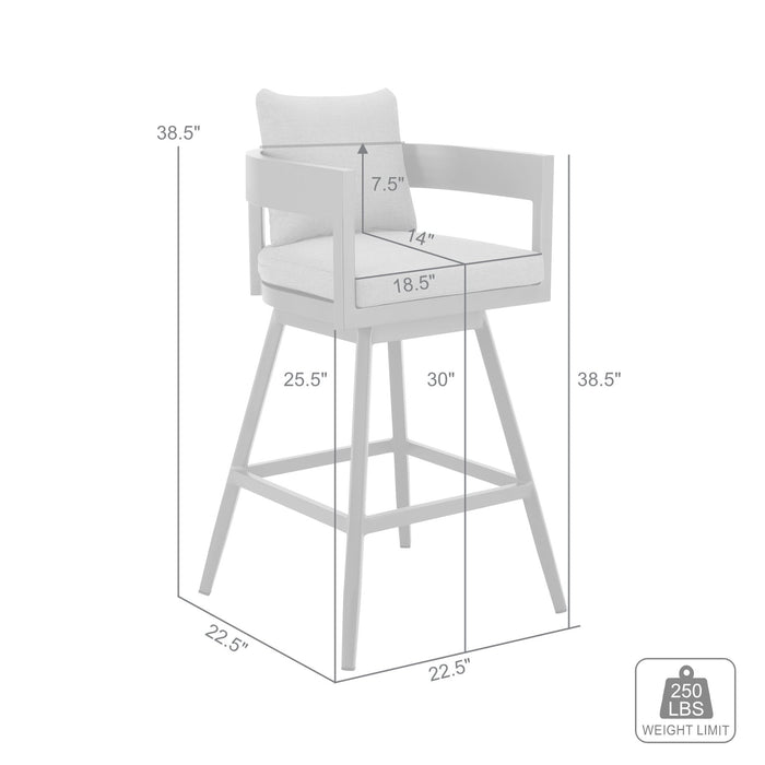 Menorca Outdoor Patio Swivel Bar Stool in Aluminum with Gray Cushions