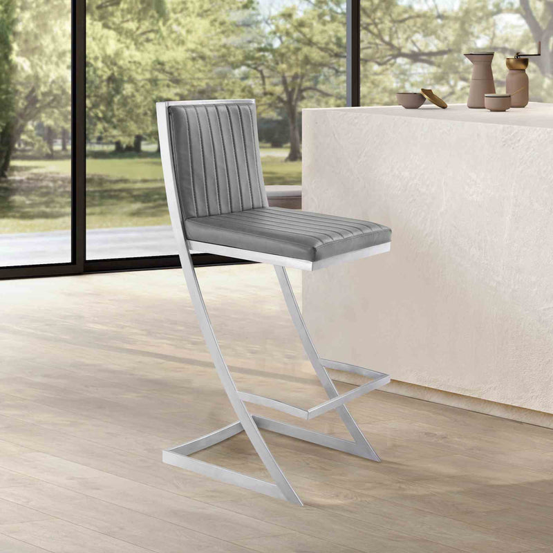 Marc 26" Vintage Gray Faux Leather and Brushed Stainless Steel Bar Stool - Furniture City (CA)l