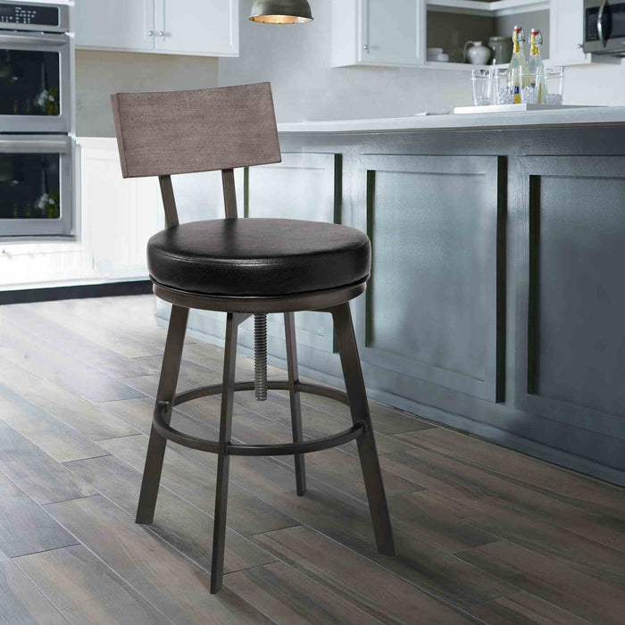 Montreal Mid-Century Adjustable Barstool in Mineral Finish with Black Faux Leather and Gray Walnut Wood Finish Back