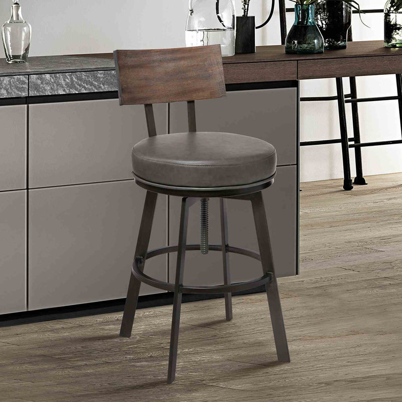 Montreal Mid-Century Adjustable Barstool in Mineral Finish with Gray Faux Leather and Walnut Wood Finish Back - Furniture City (CA)l
