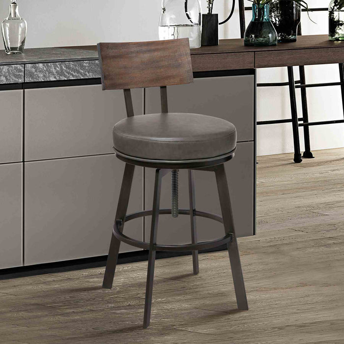 Montreal Mid-Century Adjustable Barstool in Mineral Finish with Gray Faux Leather and Walnut Wood Finish Back