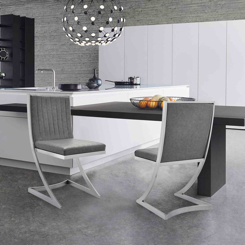 Marc Vintage Gray Faux Leather and Brushed Stainless Steel Dining Room Chairs - Set of 2 - Furniture City (CA)l