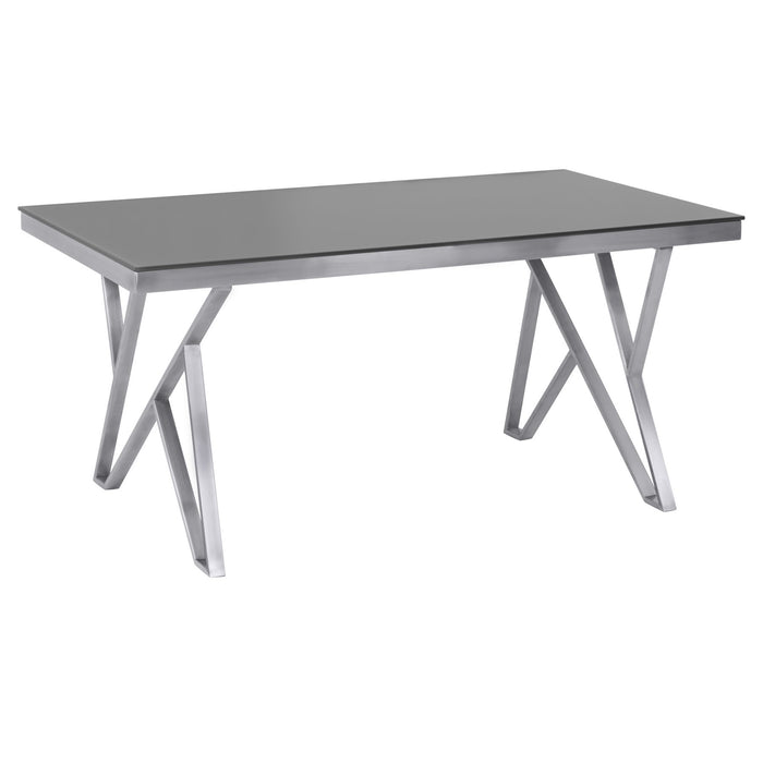 Mirage Contemporary Dining Table in Brushed Stainless Steel and Gray Tempered Glass Top