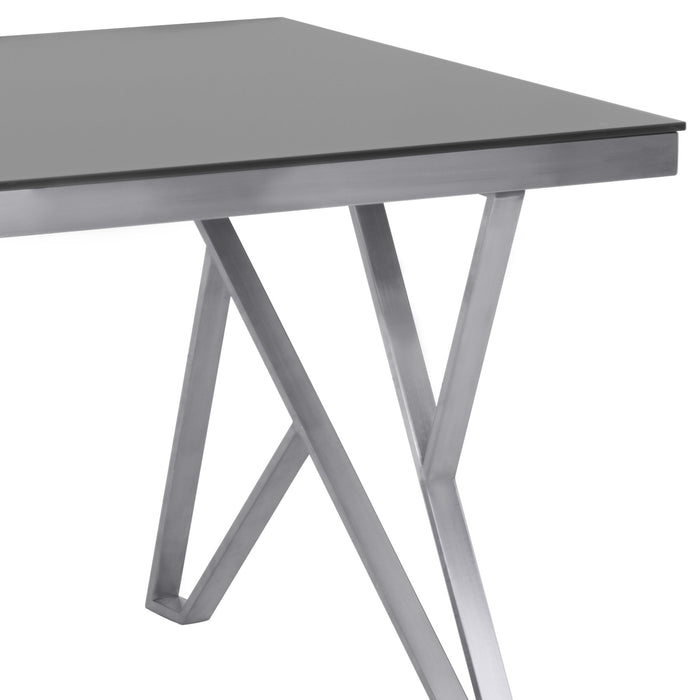 Mirage Contemporary Dining Table in Brushed Stainless Steel and Gray Tempered Glass Top