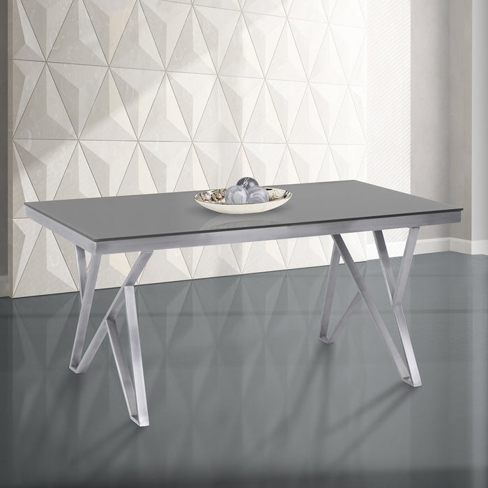 Mirage Contemporary Dining Table in Brushed Stainless Steel and Gray Tempered Glass Top