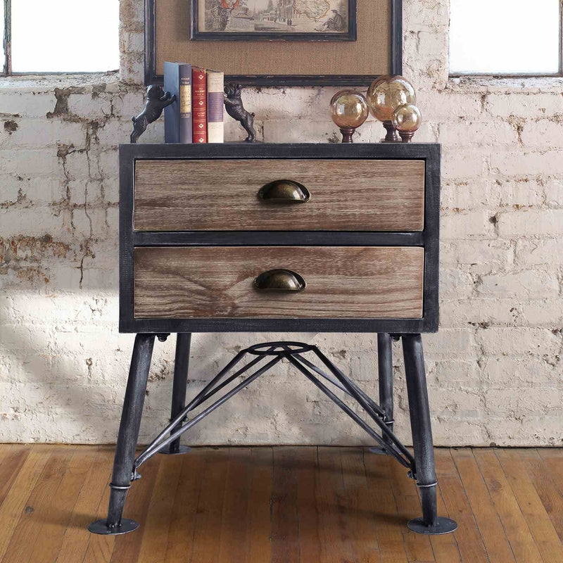 Mathis Industrial 2-Drawer End Table in Industrial Gray and Pine Wood - Furniture City (CA)l