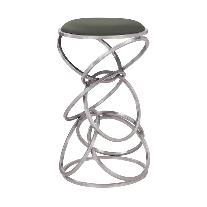 Medley Contemporary 26" Counter Height Barstool in Brushed Stainless Steel Finish and Gray Faux Leather