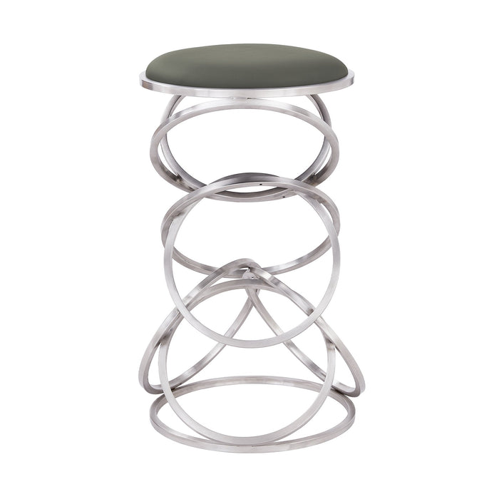 Medley Contemporary 26" Counter Height Barstool in Brushed Stainless Steel Finish and Gray Faux Leather
