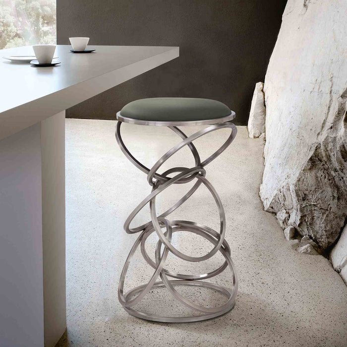 Medley Contemporary 26" Counter Height Barstool in Brushed Stainless Steel Finish and Gray Faux Leather