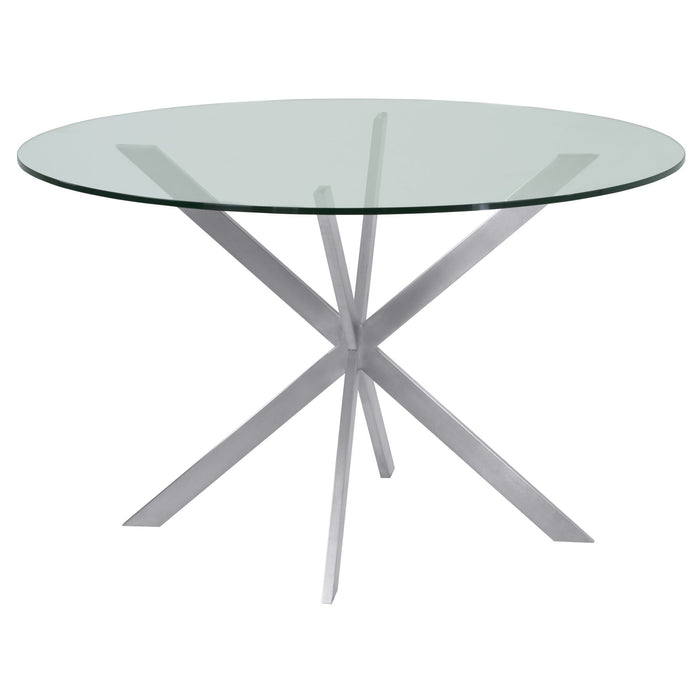 Mystere Round Dining Table in Brushed Stainless Steel with Clear Tempered Glass Top