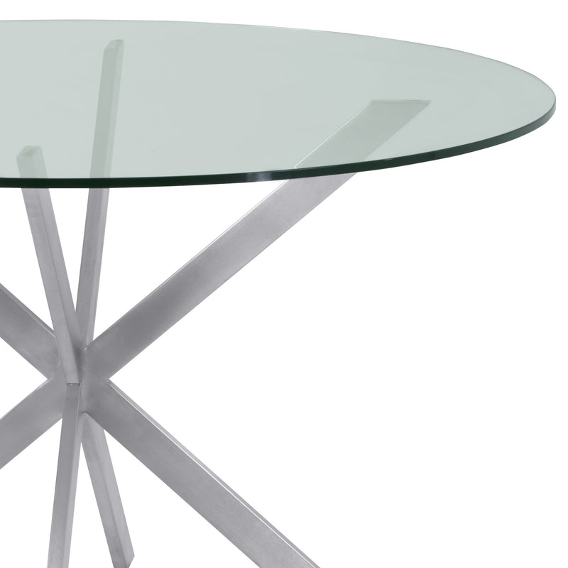 Mystere Round Dining Table in Brushed Stainless Steel with Clear Tempered Glass Top - Furniture City (CA)l