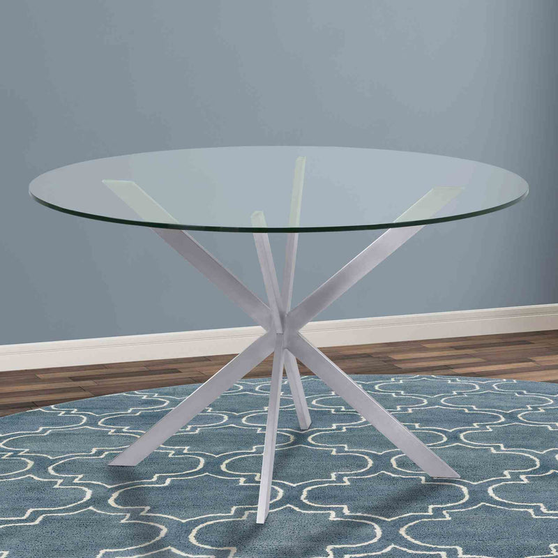 Mystere Round Dining Table in Brushed Stainless Steel with Clear Tempered Glass Top - Furniture City (CA)l