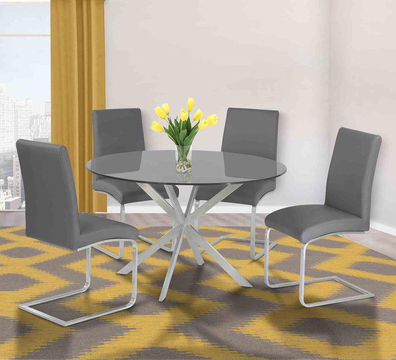 Mystere Round Dining Table in Brushed Stainless Steel with Gray Tempered Glass Top