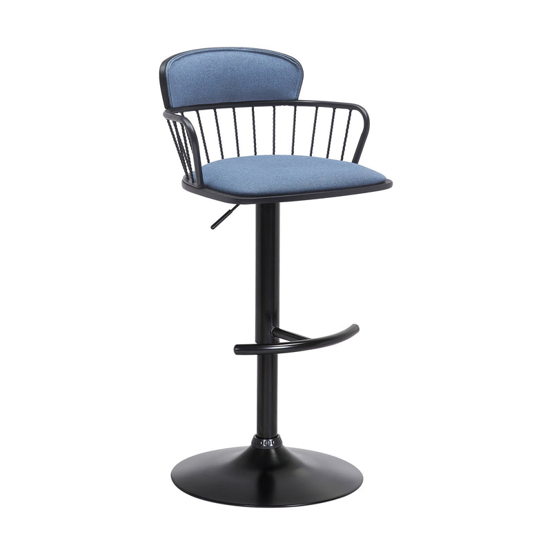 Nash Adjustable Black Wood Bar Stool in Blue Fabric with Black Metal - Furniture City (CA)l