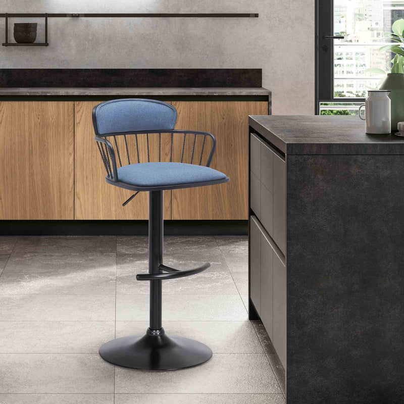 Nash Adjustable Black Wood Bar Stool in Blue Fabric with Black Metal - Furniture City (CA)l