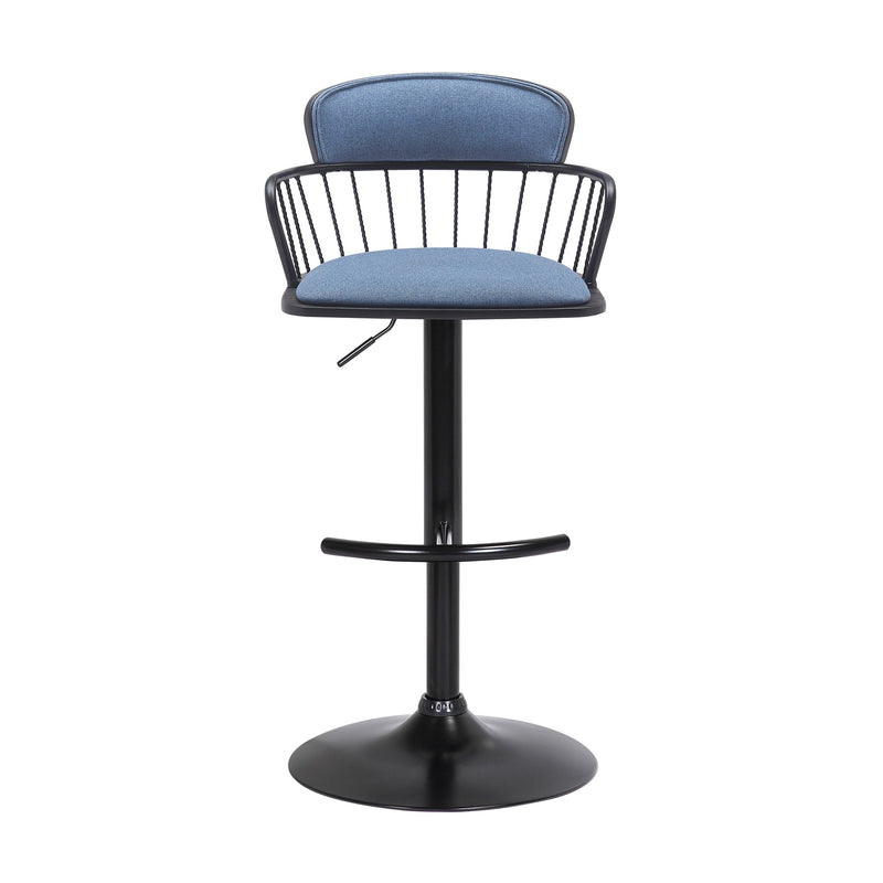 Nash Adjustable Black Wood Bar Stool in Blue Fabric with Black Metal - Furniture City (CA)l